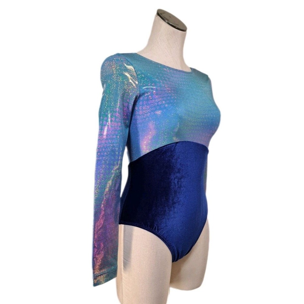 GK Elite VTG Mermaid Pixelated Holographic LS Competition Leotard Size AM Blue